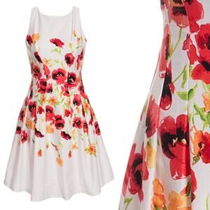 Ralph Lauren White/Red- Multi Floral Sateen Cotton Fit & Flare Size 8